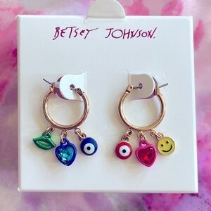 Brand New Betsey Johnson Evil Eye Heart Smile Lips Gold Tone Hoop Earrings